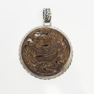 Hand carved dragon sterling silver large Asian pendant